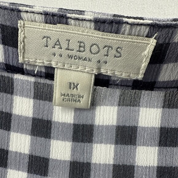 Talbots Women's Top Plus 1X Navy Blue White Check 3/4 Sleeves Semi Sheer Popover - Picture 3 of 9